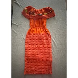 Traditional Oaxaca Mexican Dress Orange Floral Embroidered Crochet Knit Boho